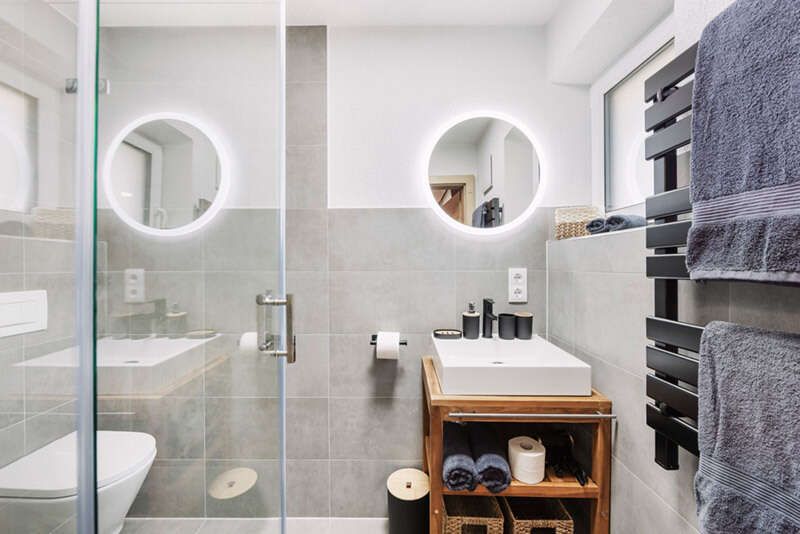 Bathroom with shower, toilet and sink